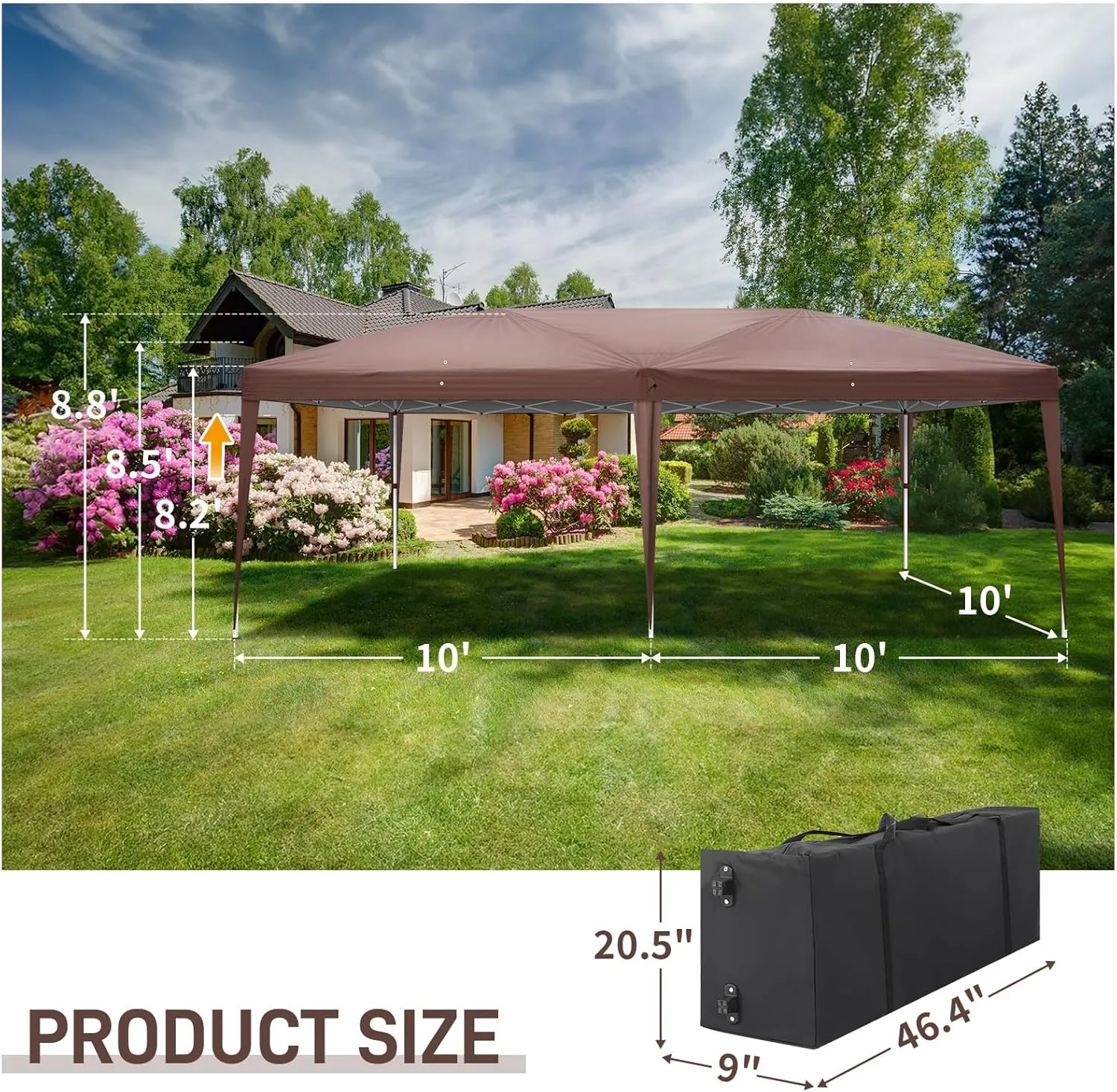 10x20 Pop Up Canopy Tent - Heavy Duty Pop Up Tent - Large Camping Tent - Privacy Tent with Sidewalls - Outdoor Party Tent - 2 Sides 4 Windows - Waterproof and UV Resistance - Height Adjustable -Coffee