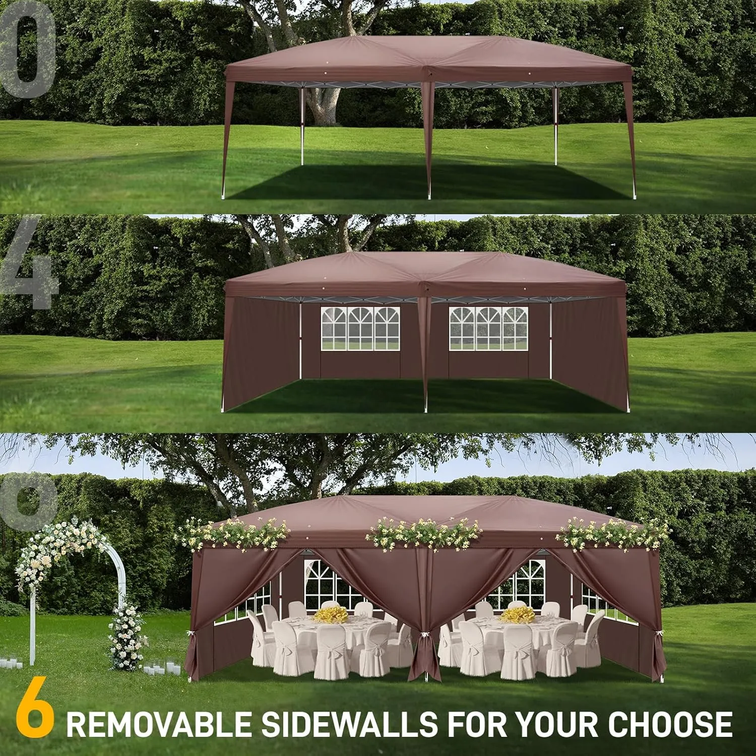 10x20 Pop Up Canopy Tent - Heavy Duty Pop Up Tent - Large Camping Tent - Privacy Tent with Sidewalls - Outdoor Party Tent - 2 Sides 4 Windows - Waterproof and UV Resistance - Height Adjustable -Coffee
