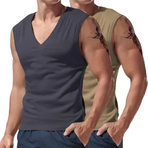 2 Pack Men's Muscle Shirts Fashion V Neck Sleeveless Workout Tank Tops Bodybuilding Gym Fitness Training Sport Tees