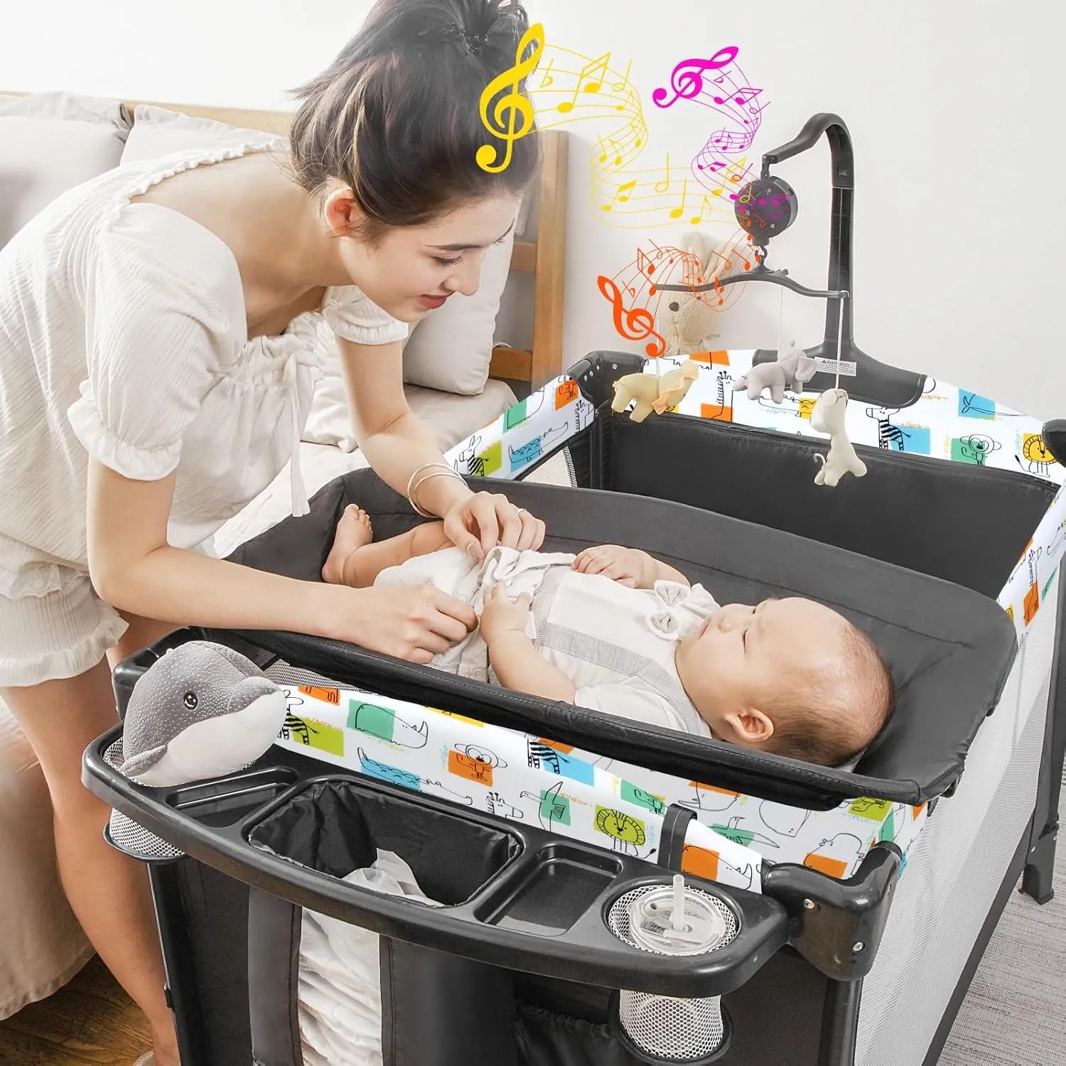 5-in-1 Pack and Play, Baby Bassinet Bedside Sleeper with U-Shaped Diaper Changer, Portable Toddler Playard for Newborn Toddlers, Baby Crib with 4 Adjustable Height,Carry Bag, Easy to Install (Cartoon)