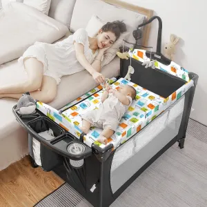 5-in-1 Pack and Play, Baby Bassinet Bedside Sleeper with U-Shaped Diaper Changer, Portable Toddler Playard for Newborn Toddlers, Baby Crib with 4 Adjustable Height,Carry Bag, Easy to Install (Cartoon)