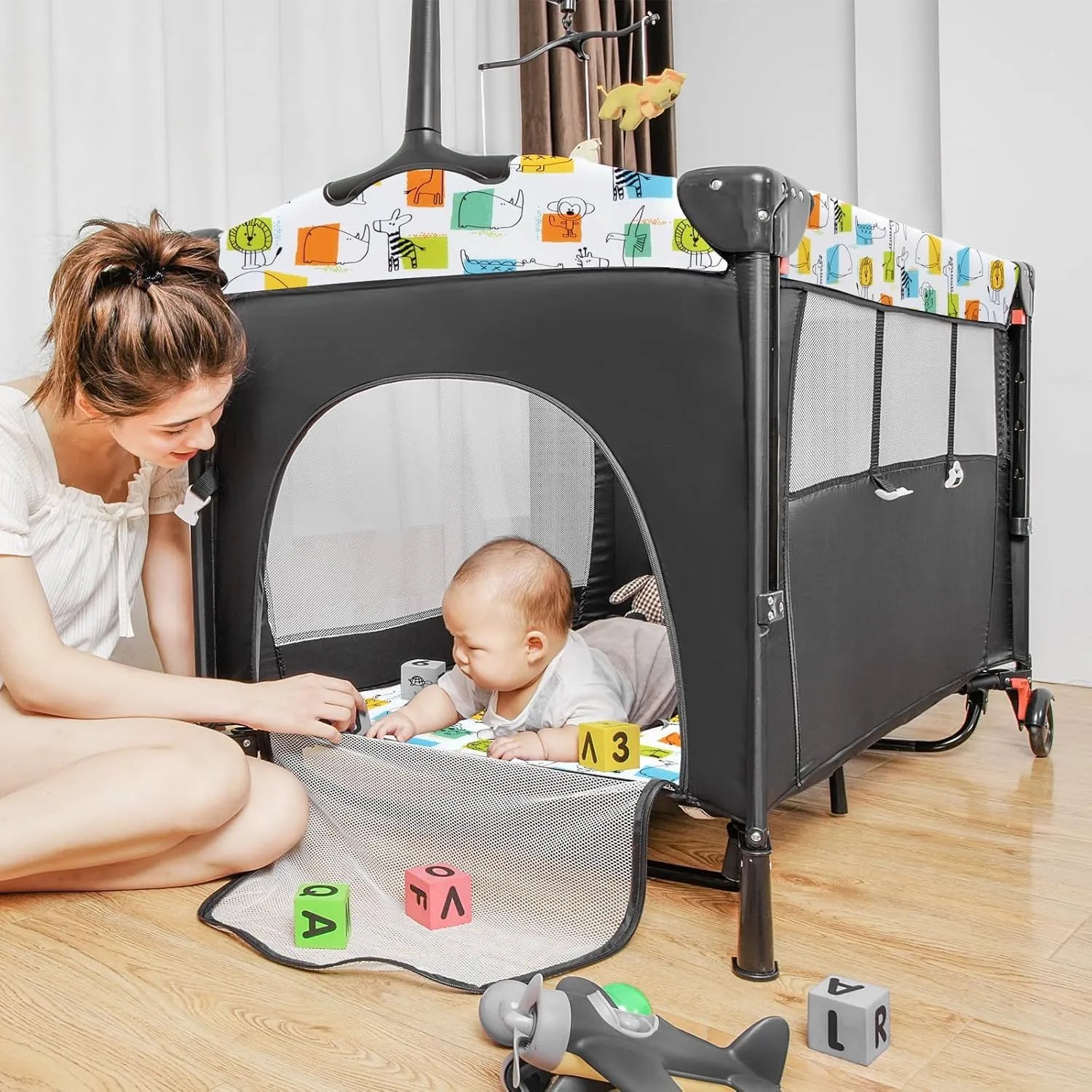 5-in-1 Pack and Play, Baby Bassinet Bedside Sleeper with U-Shaped Diaper Changer, Portable Toddler Playard for Newborn Toddlers, Baby Crib with 4 Adjustable Height,Carry Bag, Easy to Install (Cartoon)
