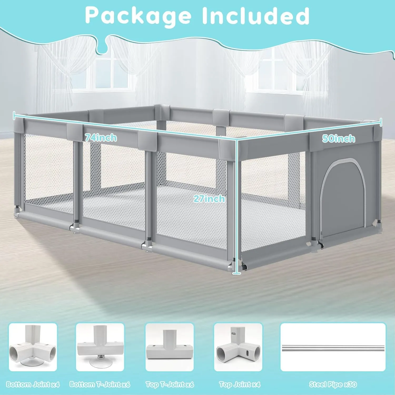 74" ×50" Large Baby Playpen, Baby Playard for Babies and Toddlers, Baby Fence Play Pens for Indoor & Outdoor, Sturdy Safety Play Yard with Soft Breathable Mesh, Anti-Fall, Grey