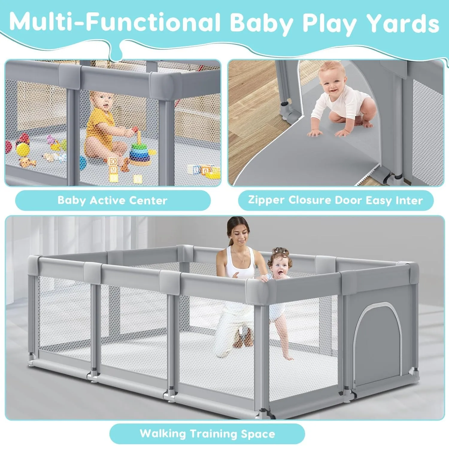 74" ×50" Large Baby Playpen, Baby Playard for Babies and Toddlers, Baby Fence Play Pens for Indoor & Outdoor, Sturdy Safety Play Yard with Soft Breathable Mesh, Anti-Fall, Grey