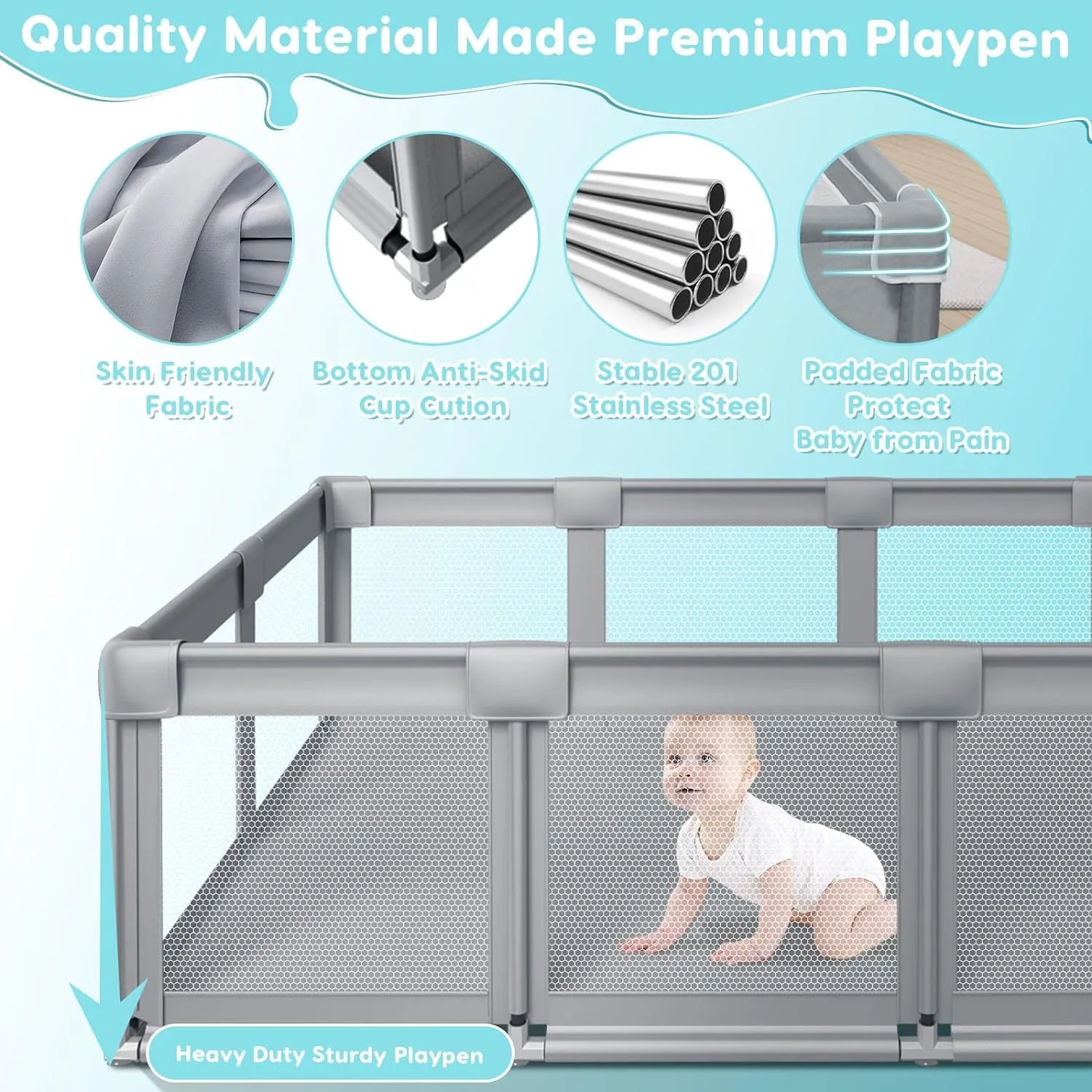 74" ×50" Large Baby Playpen, Baby Playard for Babies and Toddlers, Baby Fence Play Pens for Indoor & Outdoor, Sturdy Safety Play Yard with Soft Breathable Mesh, Anti-Fall, Grey