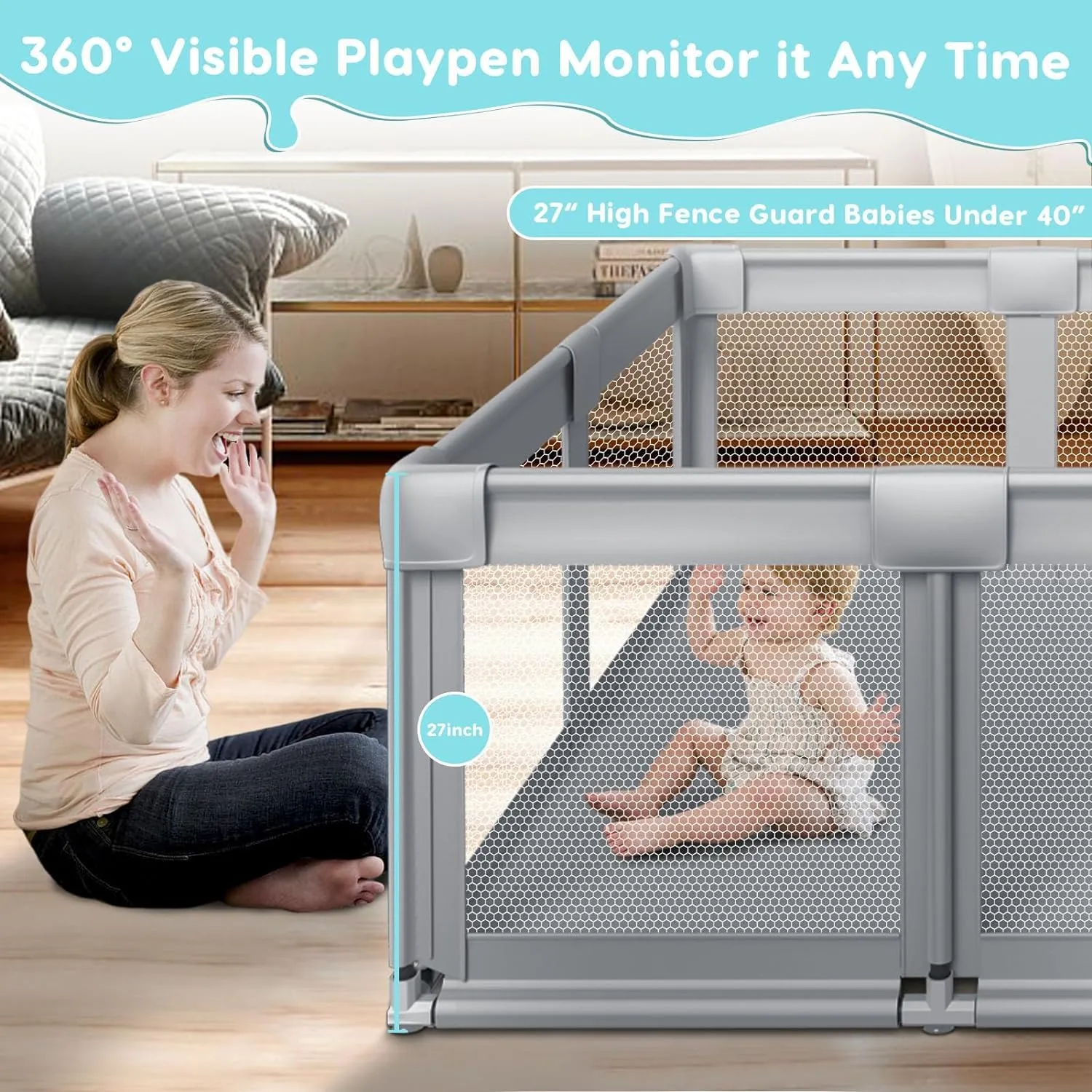 74" ×50" Large Baby Playpen, Baby Playard for Babies and Toddlers, Baby Fence Play Pens for Indoor & Outdoor, Sturdy Safety Play Yard with Soft Breathable Mesh, Anti-Fall, Grey