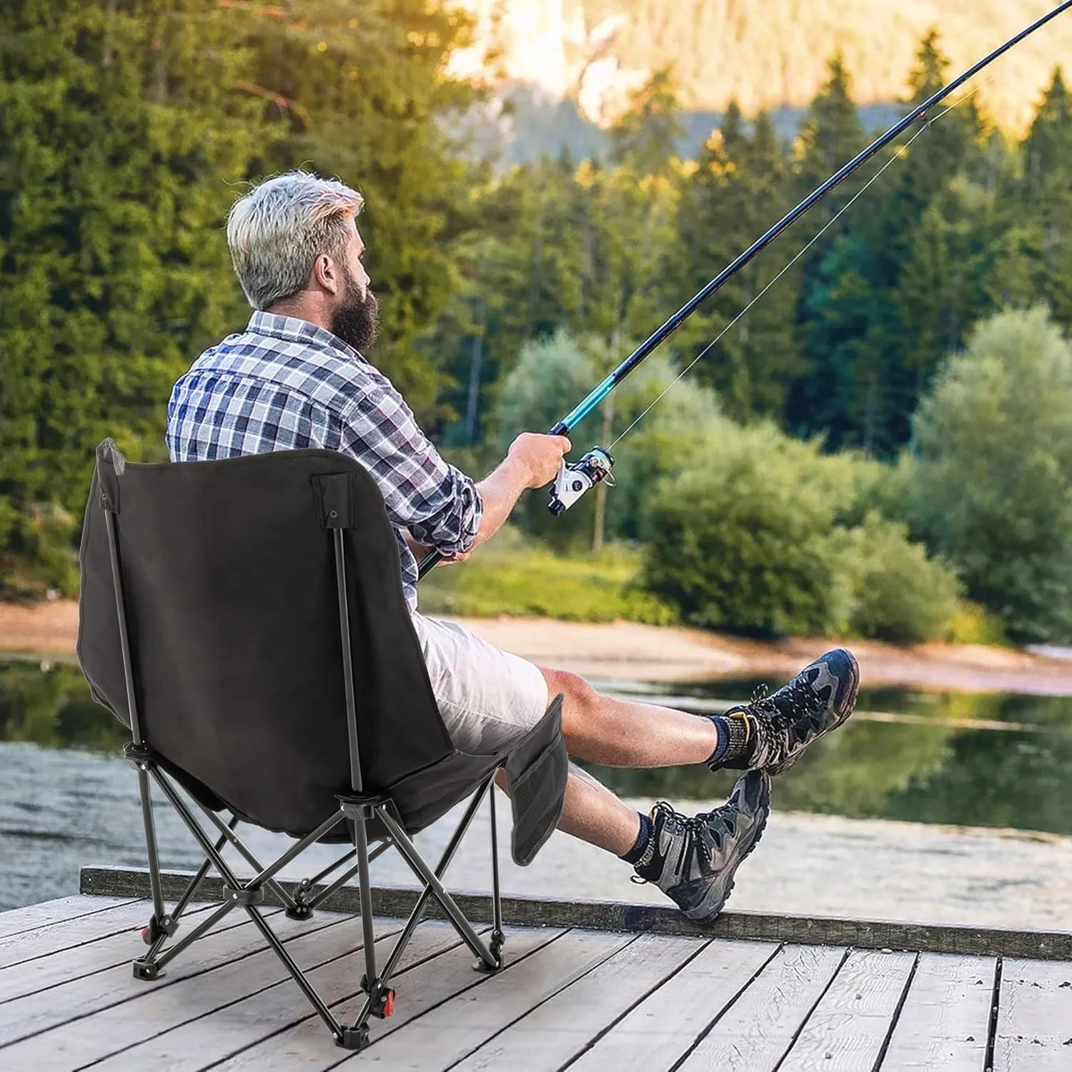 Adjustable Camping Chair with Footrest, Folding Reclining Beach Chairs for Adults Portable Sun Chairs with Large Side Pocket for Fishing, Camp, Picnics