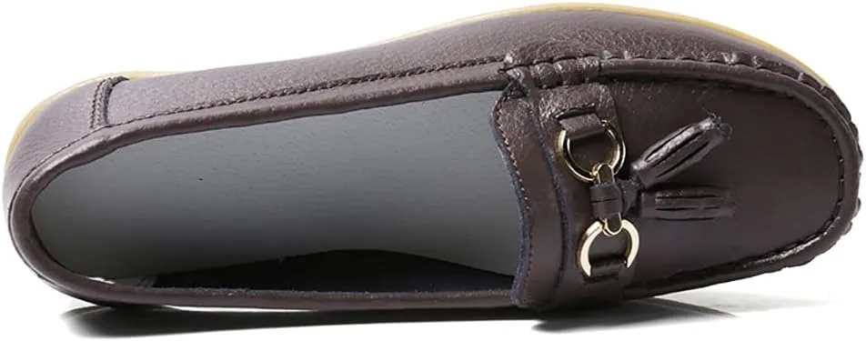 AIFLM Womens Leather Loafer Moccasin Slip on Driving Nurse Walking Working Shoes Non Slip Casual Shoes Light Antiskid Flat Soled Bowknot