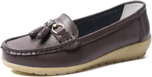 AIFLM Womens Leather Loafer Moccasin Slip on Driving Nurse Walking Working Shoes Non Slip Casual Shoes Light Antiskid Flat Soled Bowknot