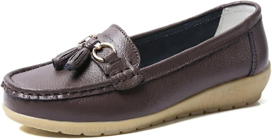 AIFLM Womens Leather Loafer Moccasin Slip on Driving Nurse Walking Working Shoes Non Slip Casual Shoes Light Antiskid Flat Soled Bowknot