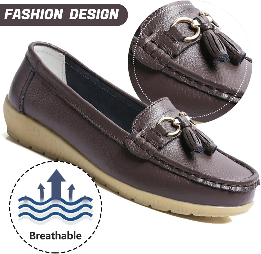 AIFLM Womens Leather Loafer Moccasin Slip on Driving Nurse Walking Working Shoes Non Slip Casual Shoes Light Antiskid Flat Soled Bowknot