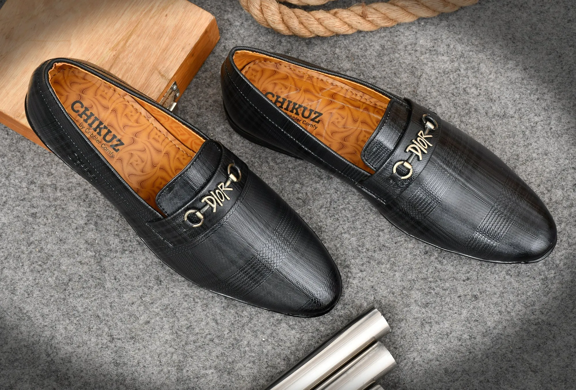 Ankle cut Loafer for Men with Check Pattern  Metallic Buckle  Grey