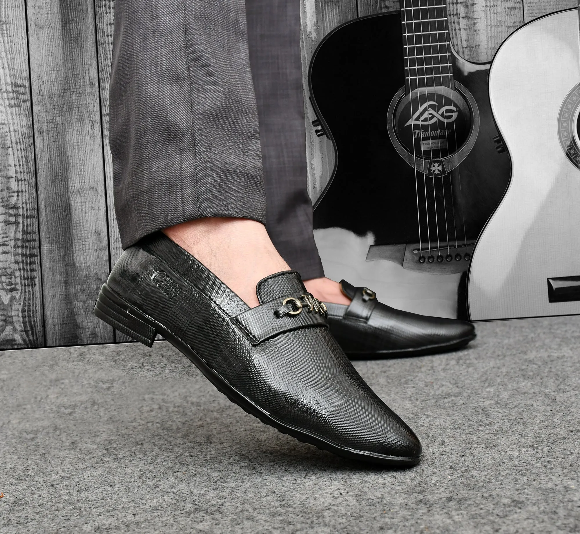 Ankle cut Loafer for Men with Check Pattern  Metallic Buckle  Grey