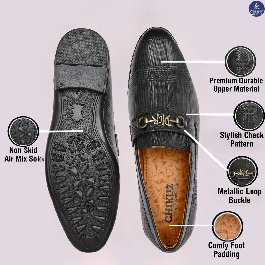 Ankle cut Loafer for Men with Check Pattern  Metallic Buckle  Grey