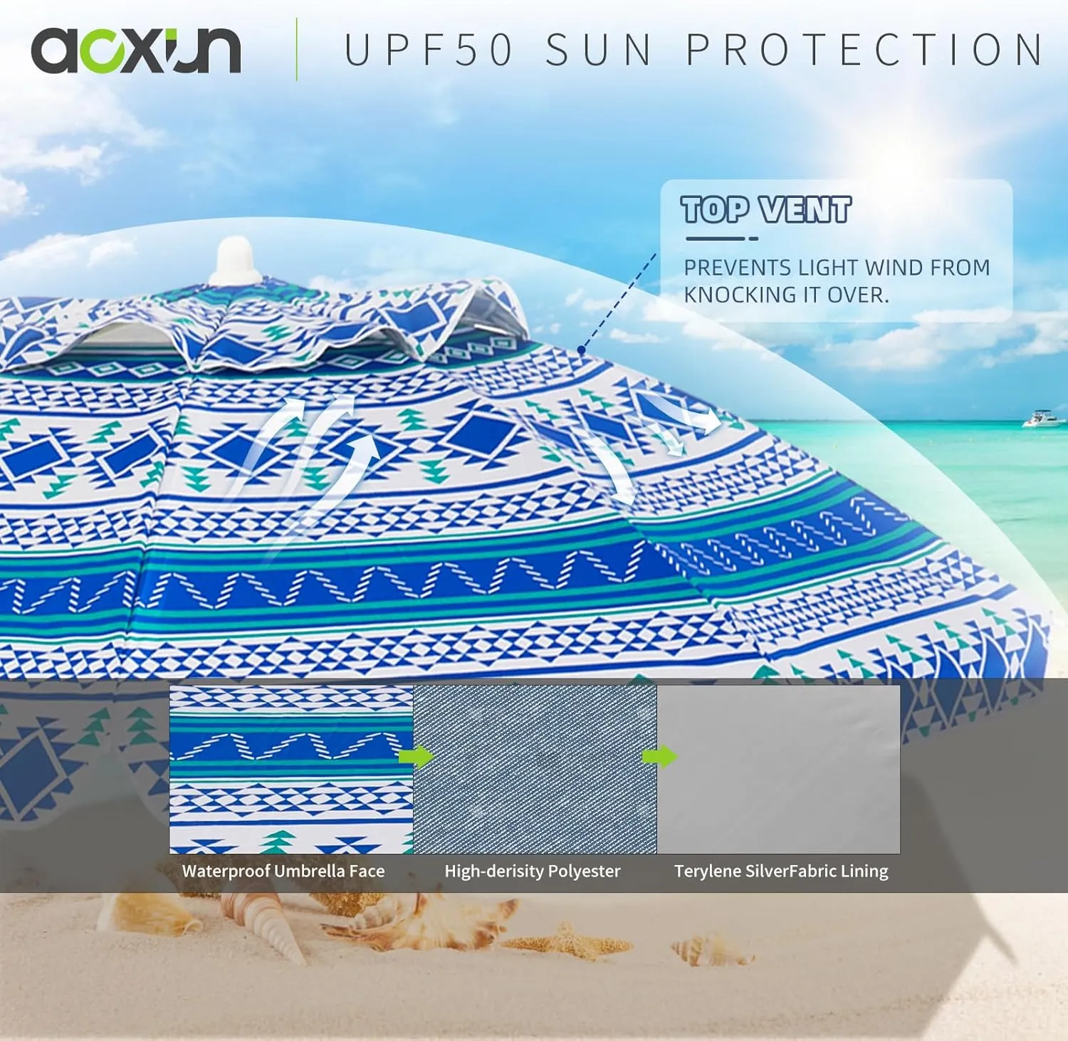 Aoxun Beach Umbrella with Tilt Pole, Portable Sand Anchor and Carry Bag, UPF 50  Sun Shelter Air Vents Design for Outdoor Activities (Blue), 6.5ft