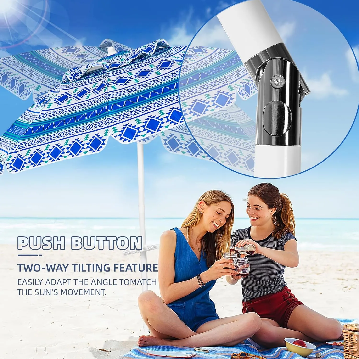 Aoxun Beach Umbrella with Tilt Pole, Portable Sand Anchor and Carry Bag, UPF 50  Sun Shelter Air Vents Design for Outdoor Activities (Blue), 6.5ft