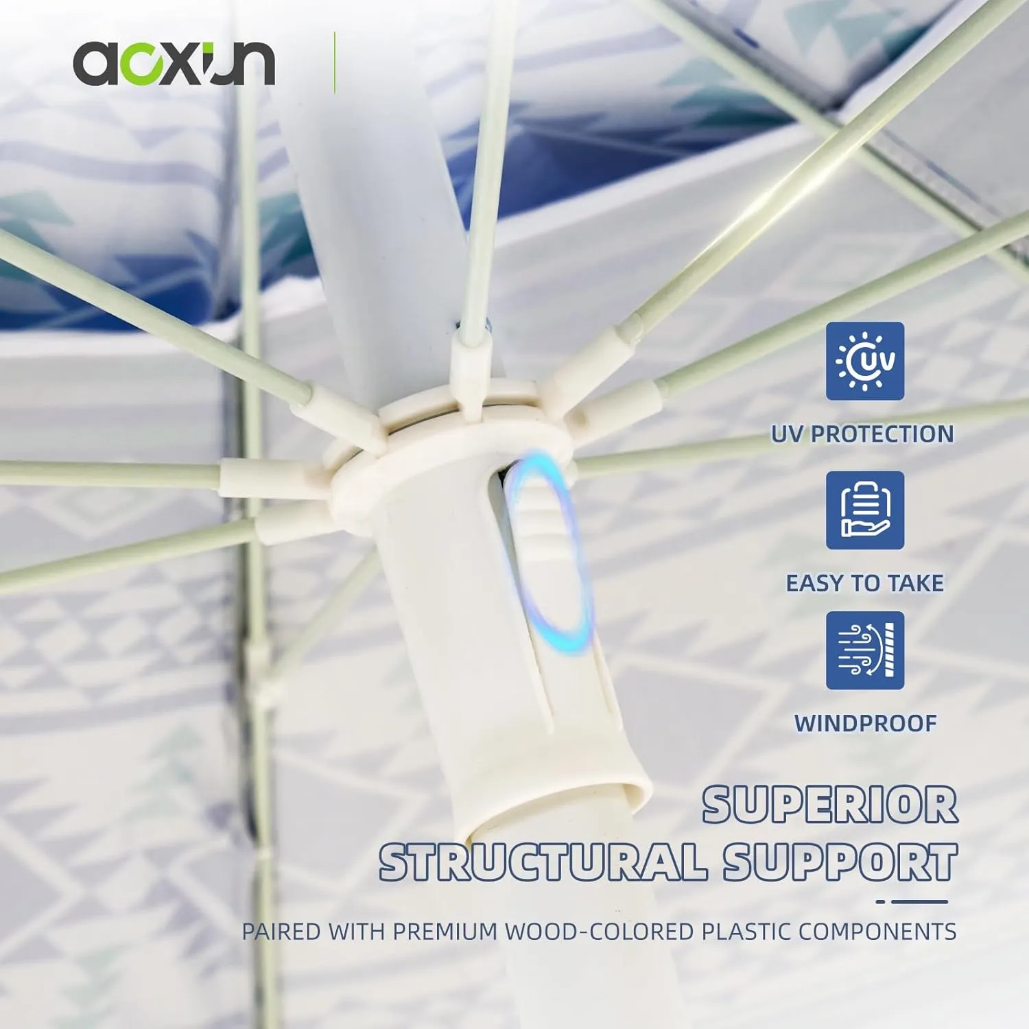 Aoxun Beach Umbrella with Tilt Pole, Portable Sand Anchor and Carry Bag, UPF 50  Sun Shelter Air Vents Design for Outdoor Activities (Blue), 6.5ft