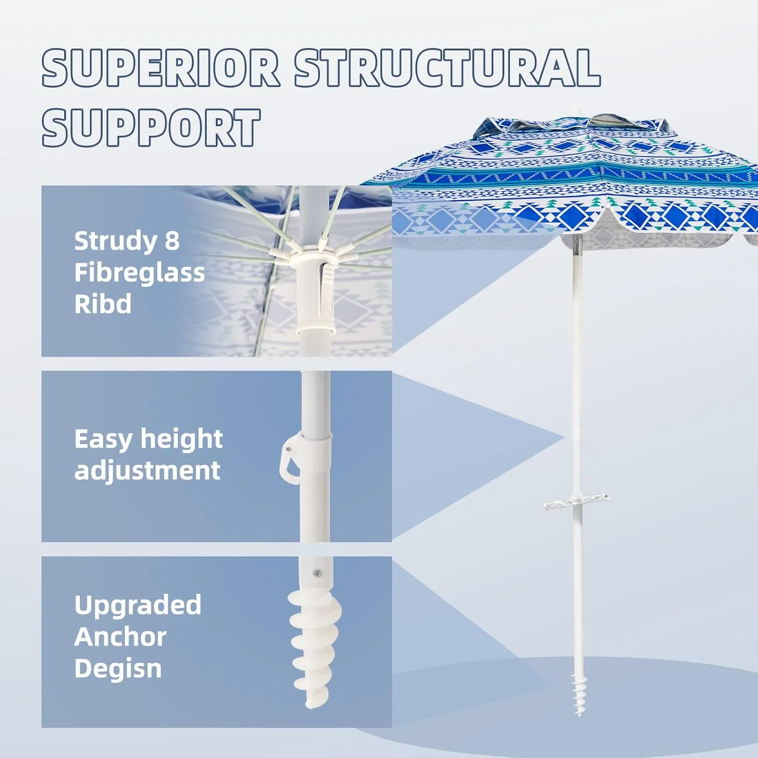 Aoxun Beach Umbrella with Tilt Pole, Portable Sand Anchor and Carry Bag, UPF 50  Sun Shelter Air Vents Design for Outdoor Activities (Blue), 6.5ft