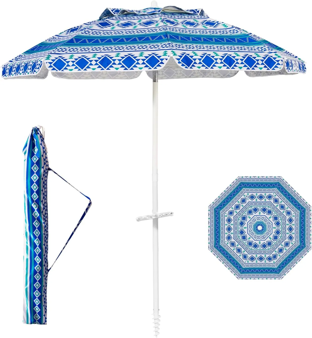 Aoxun Beach Umbrella with Tilt Pole, Portable Sand Anchor and Carry Bag, UPF 50  Sun Shelter Air Vents Design for Outdoor Activities (Blue), 6.5ft