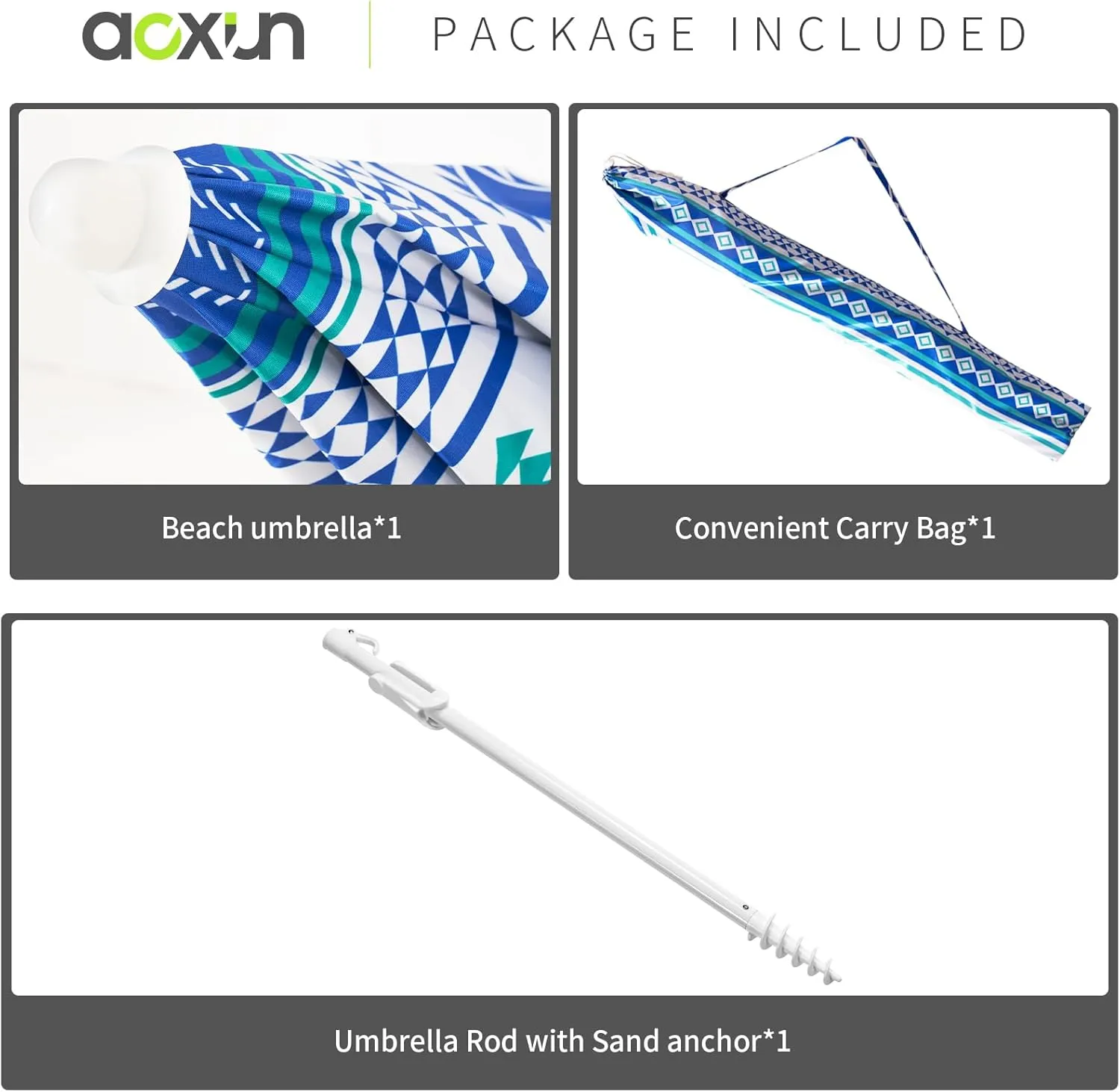 Aoxun Beach Umbrella with Tilt Pole, Portable Sand Anchor and Carry Bag, UPF 50  Sun Shelter Air Vents Design for Outdoor Activities (Blue), 6.5ft