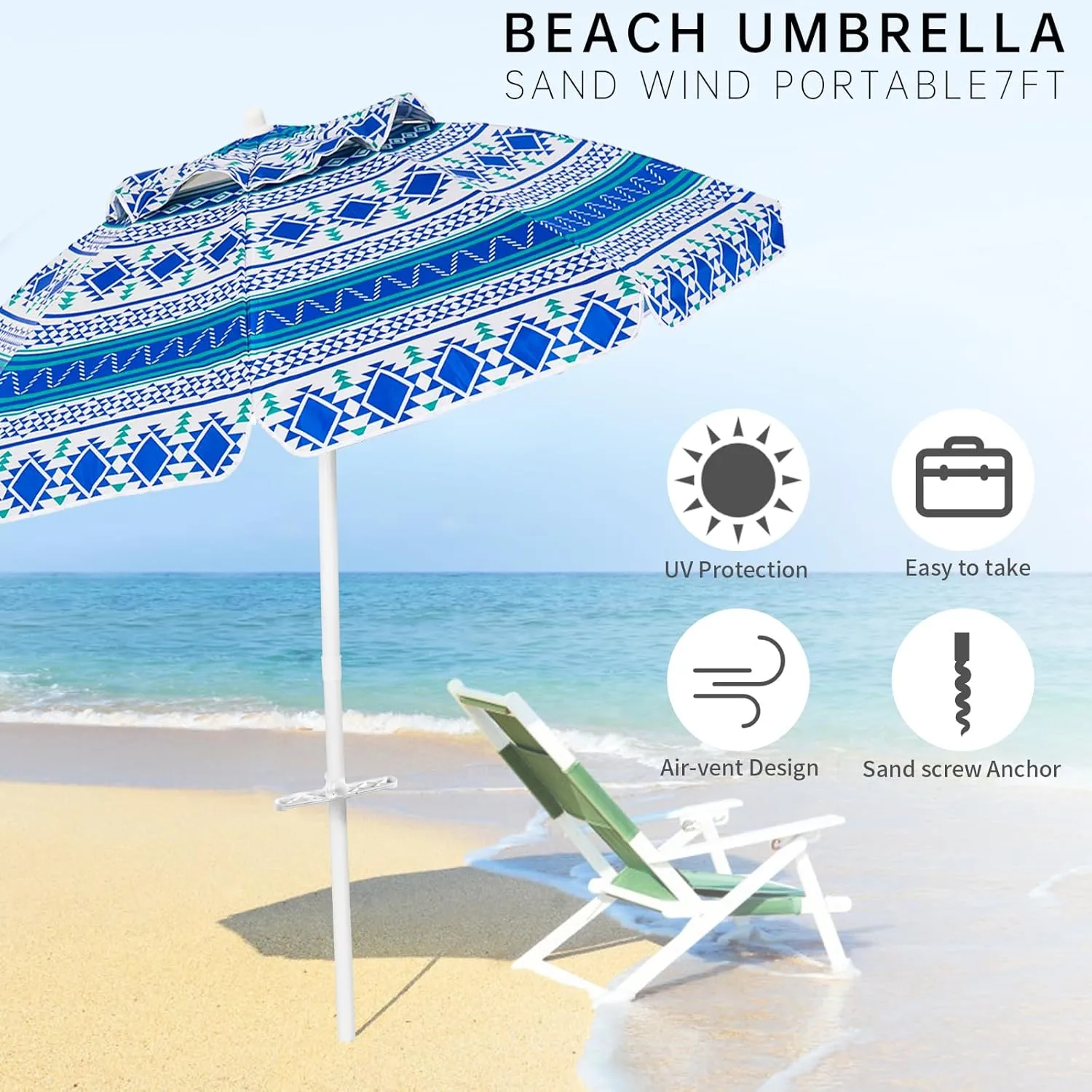 Aoxun Beach Umbrella with Tilt Pole, Portable Sand Anchor and Carry Bag, UPF 50  Sun Shelter Air Vents Design for Outdoor Activities (Blue), 6.5ft