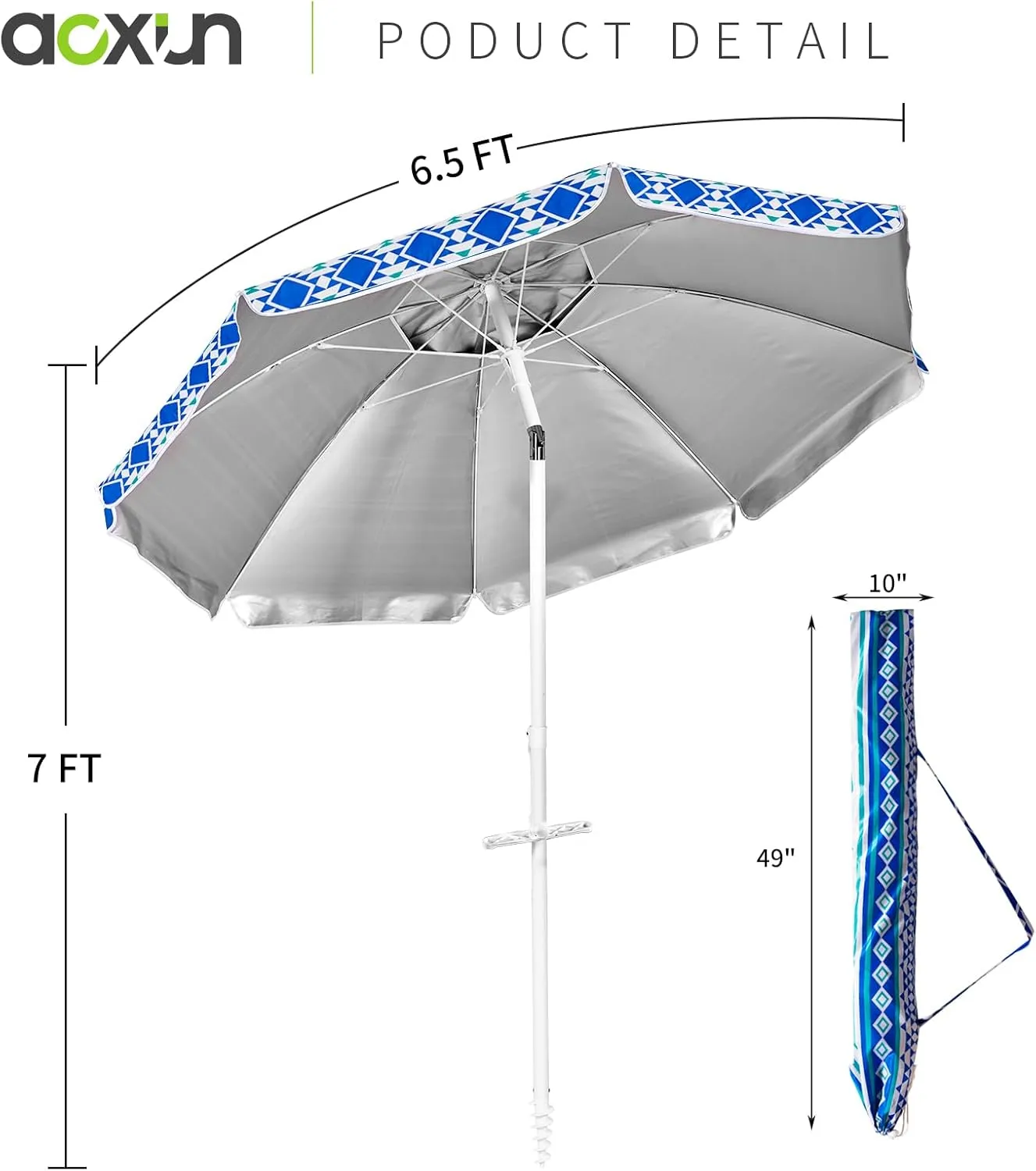 Aoxun Beach Umbrella with Tilt Pole, Portable Sand Anchor and Carry Bag, UPF 50  Sun Shelter Air Vents Design for Outdoor Activities (Blue), 6.5ft