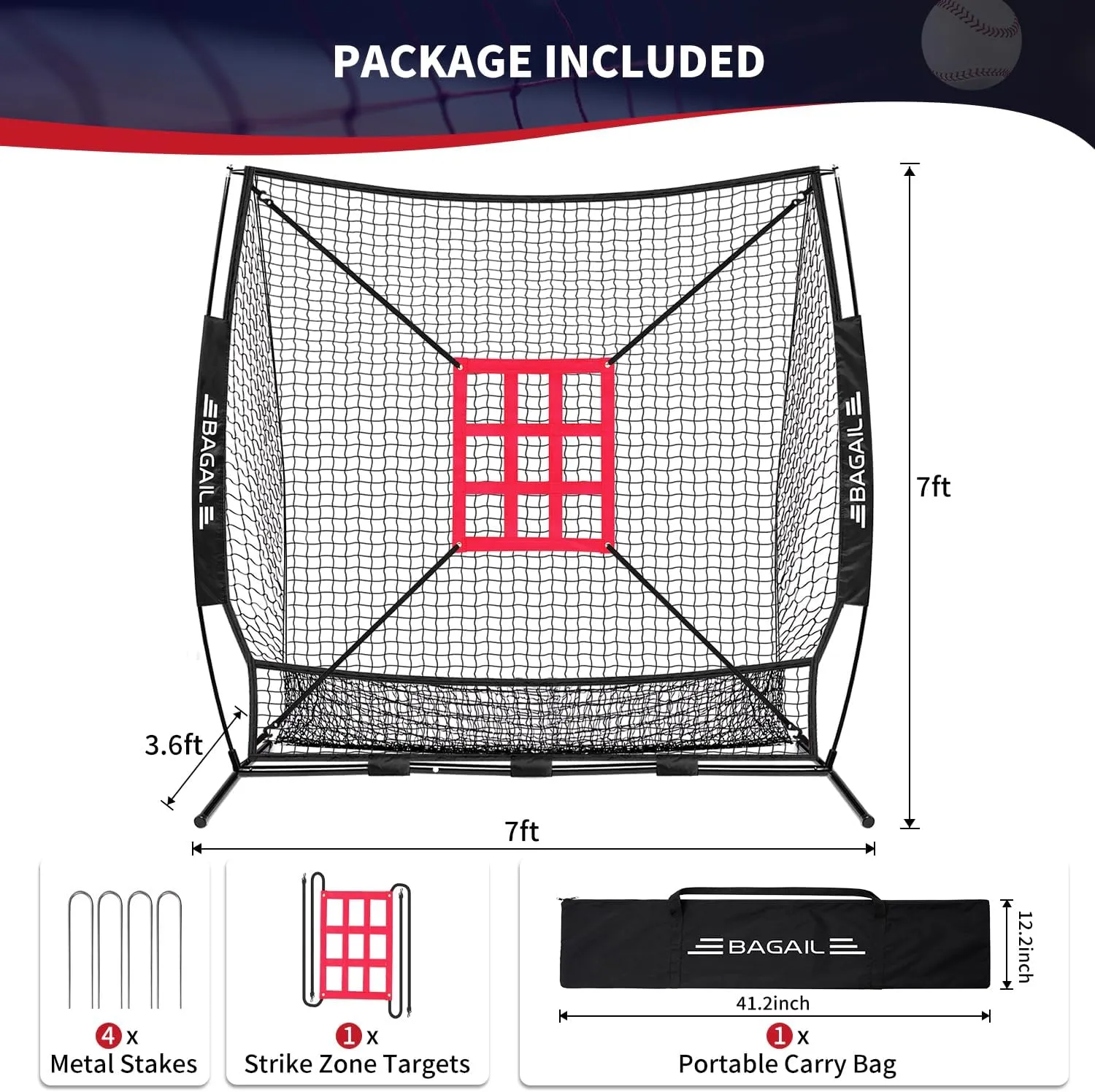 BAGAIL 7x7 ft Baseball & Softball Practice Net with Bow Frame for Batting, Hitting, Pitching, Portable Baseball Throwing Net with Strike Zone, Carry Bag, Baseball Training Aid for All Levels