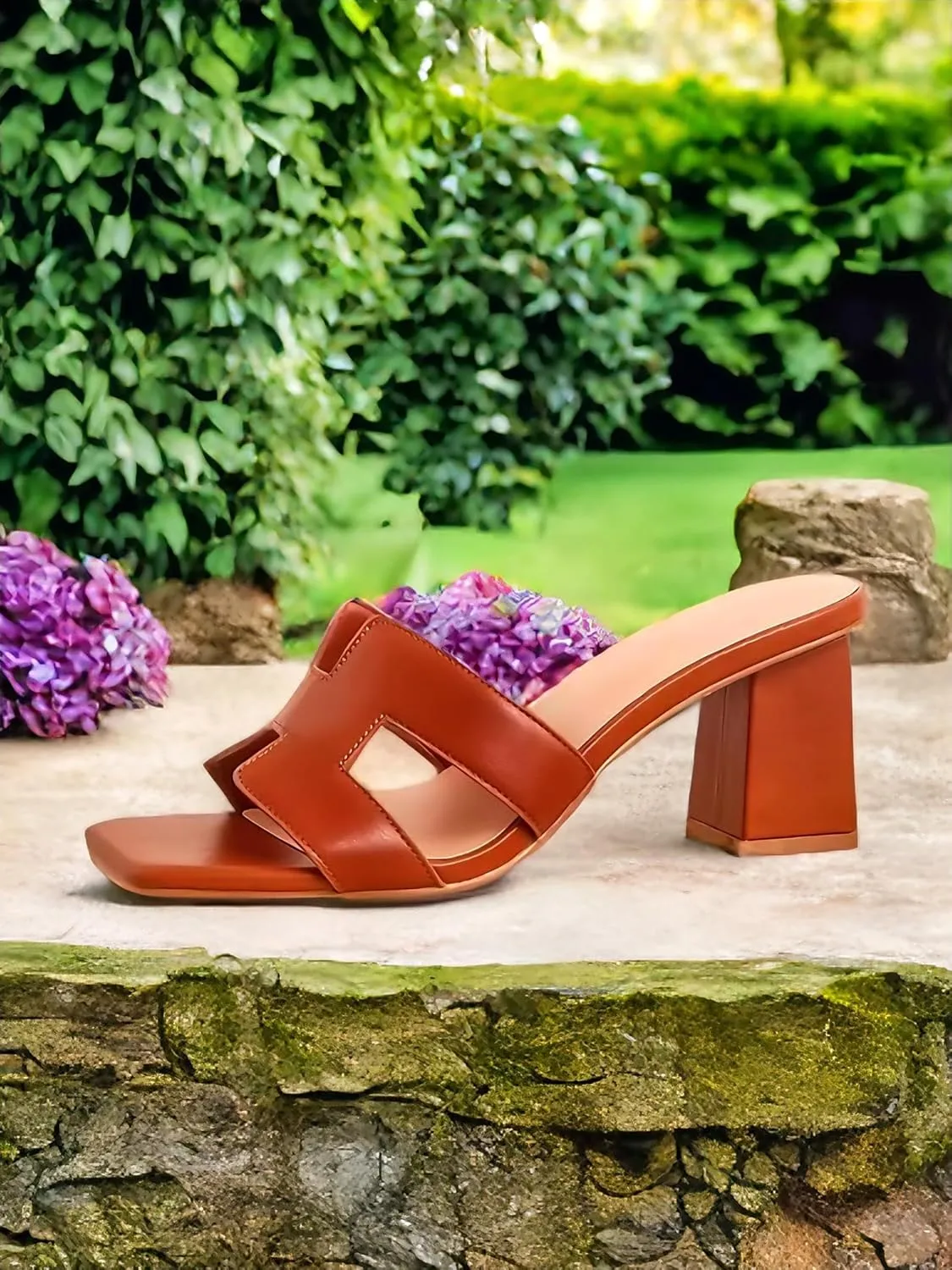 BAMBOO Women's Open Square Toe Mules Cut-out Detail Block Heel