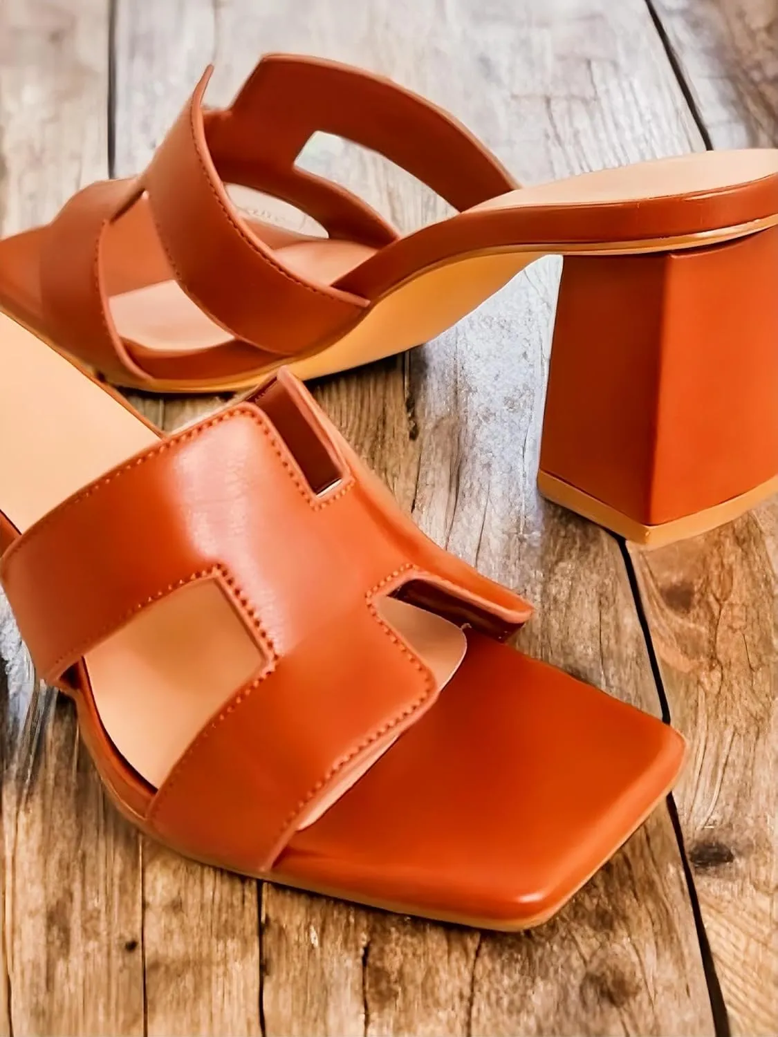 BAMBOO Women's Open Square Toe Mules Cut-out Detail Block Heel