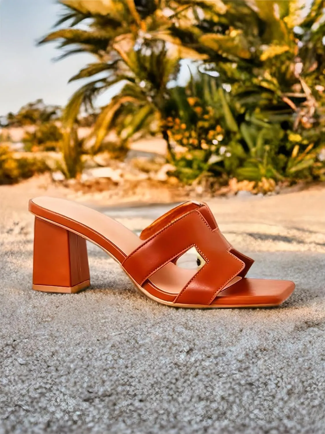 BAMBOO Women's Open Square Toe Mules Cut-out Detail Block Heel