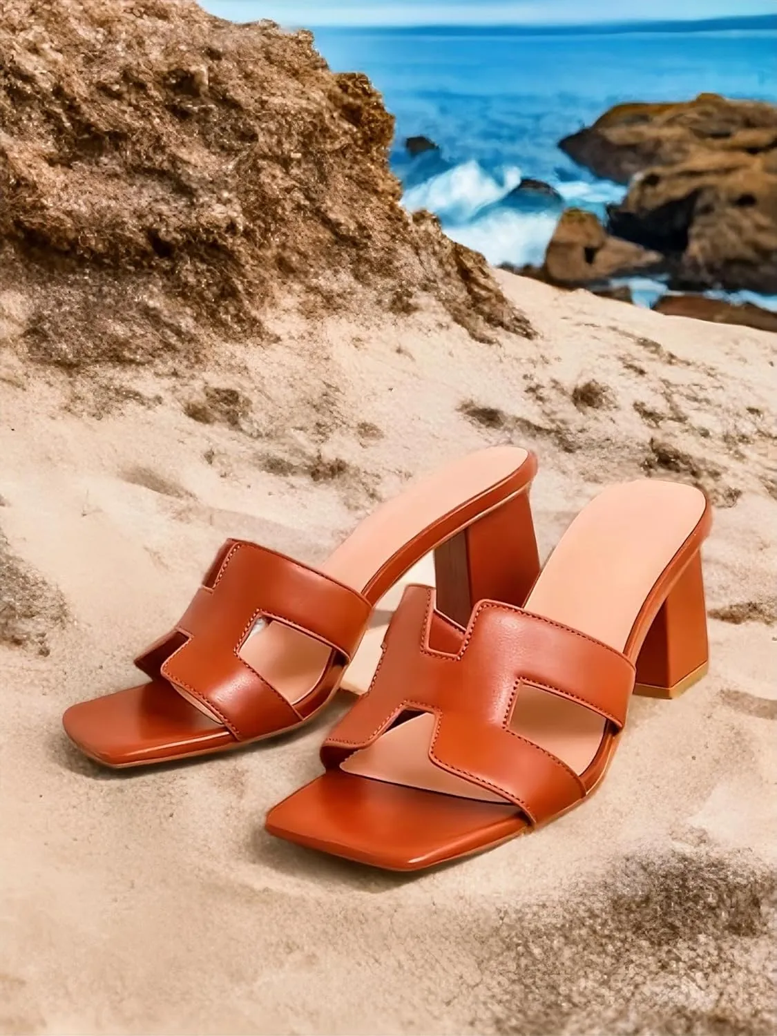 BAMBOO Women's Open Square Toe Mules Cut-out Detail Block Heel