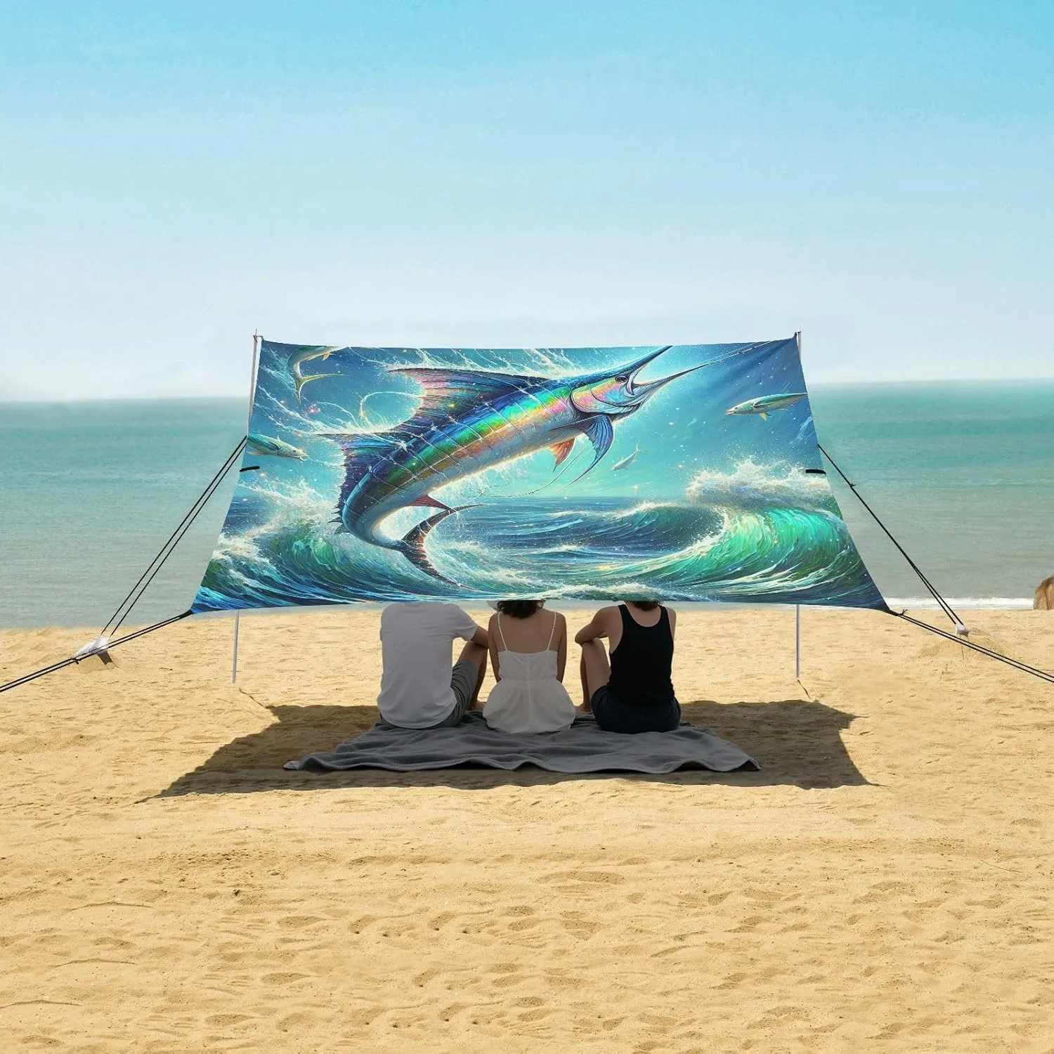 Beach Shade Tent with UPF50  UV Protection,Bright Colorful Marlin Fish Lightweight Camping Sun Shelter for Outdoor,Camping Trips, Fishing, Backyard,Picnics,Easy Set Up and Carry 9x10.5 FT