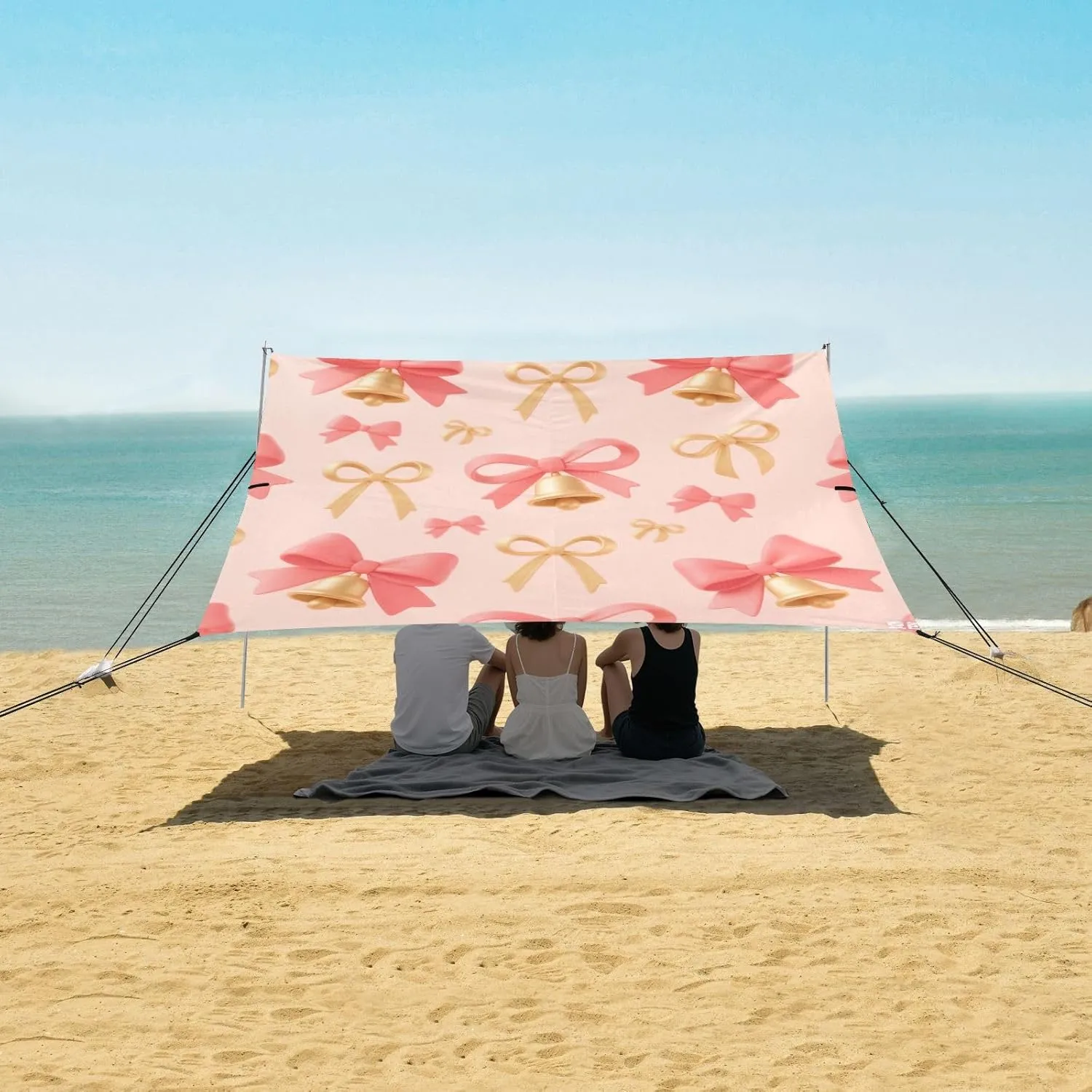 Beach Shade Tent with UPF50  UV Protection,Pink Bows with Bell Lightweight Camping Sun Shelter for Outdoor,Camping Trips, Fishing, Backyard,Picnics,Easy Set Up and Carry 9x10.5 FT