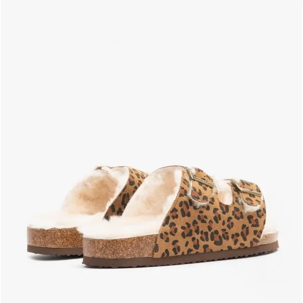 Bedroom Athletics MABEL Womens Suede Two Strap Slippers Leopard
