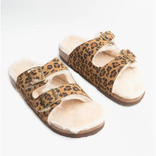 Bedroom Athletics MABEL Womens Suede Two Strap Slippers Leopard