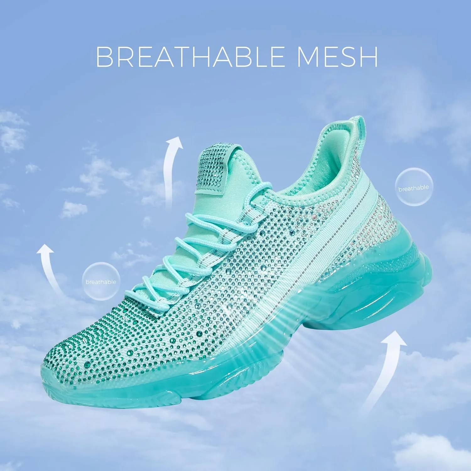 BELOS Women's Rhinestone Mesh Slip On Walking Shoes Fashion Breathable Spakle Glitter Sneaker