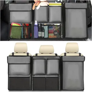 BESULEN Car Trunk Organizer, Hanging Cargo Bag with Large Pockets, Zippers Detachable Seat Back Storage with Lids, Equipped with Elastic Net, Foldable Space Saving Expert for Car, SUV, Van (Gray)