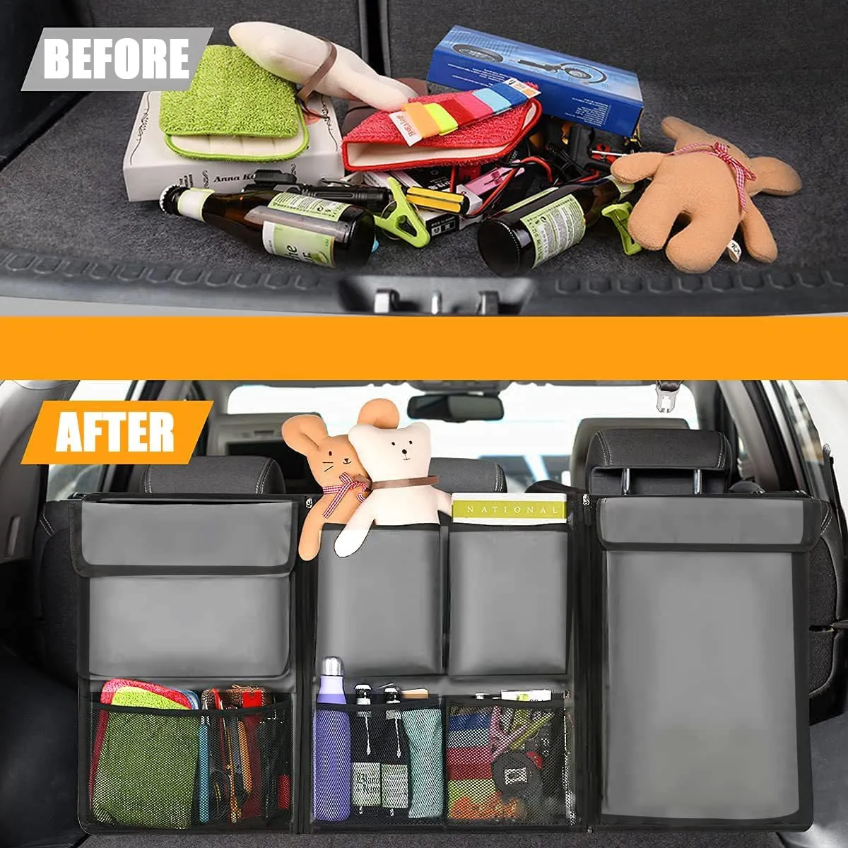 BESULEN Car Trunk Organizer, Hanging Cargo Bag with Large Pockets, Zippers Detachable Seat Back Storage with Lids, Equipped with Elastic Net, Foldable Space Saving Expert for Car, SUV, Van (Gray)