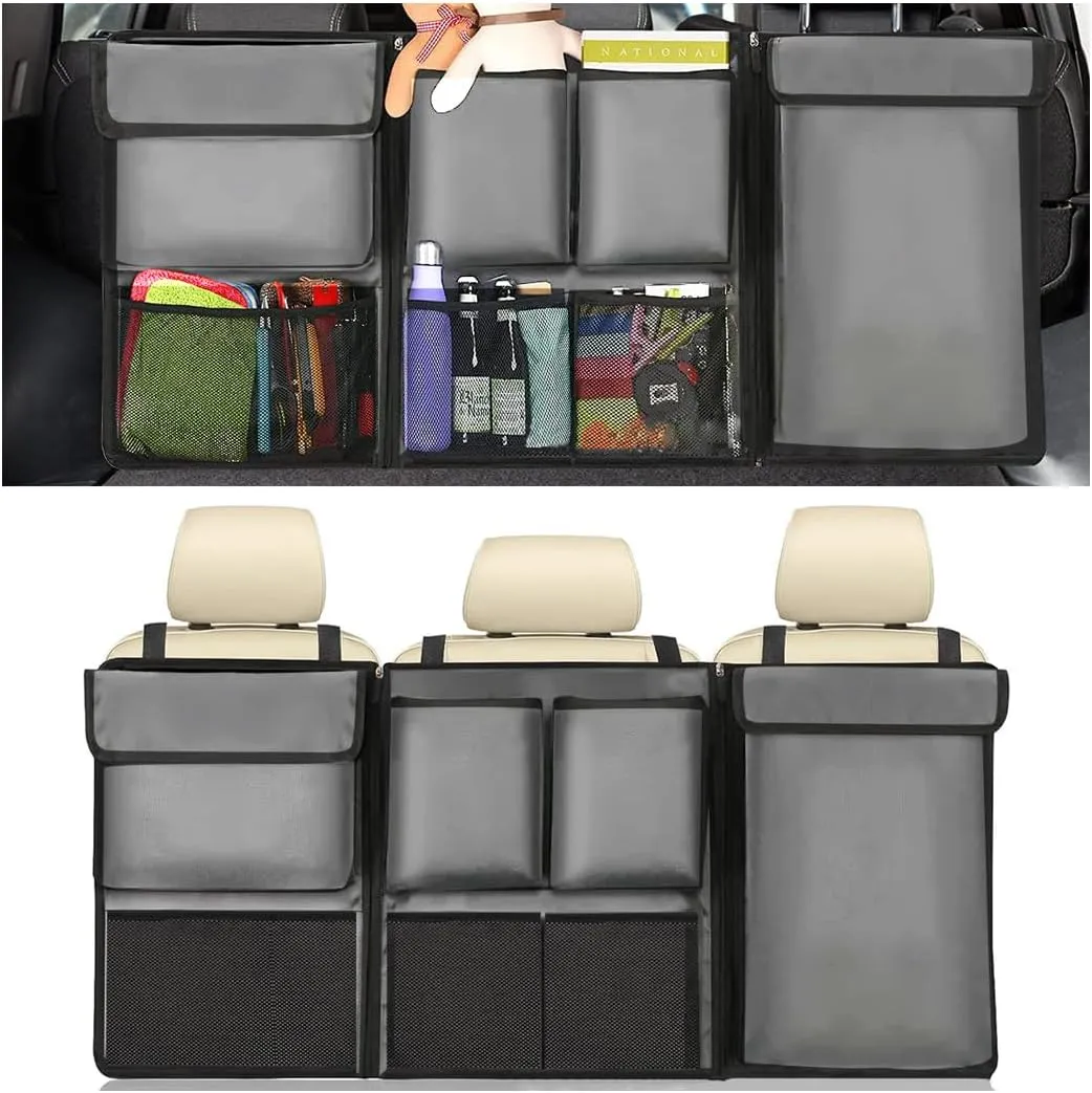 BESULEN Car Trunk Organizer, Hanging Cargo Bag with Large Pockets, Zippers Detachable Seat Back Storage with Lids, Equipped with Elastic Net, Foldable Space Saving Expert for Car, SUV, Van (Gray)