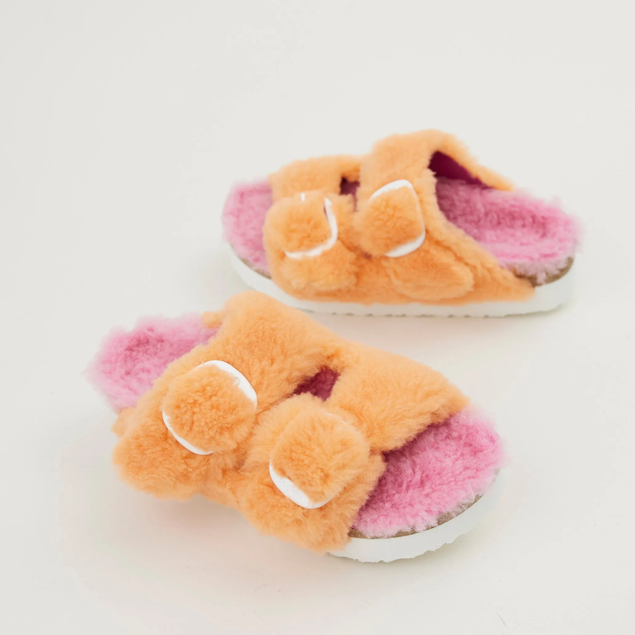 Birkenstock Orange and Pink Shearling Sandals