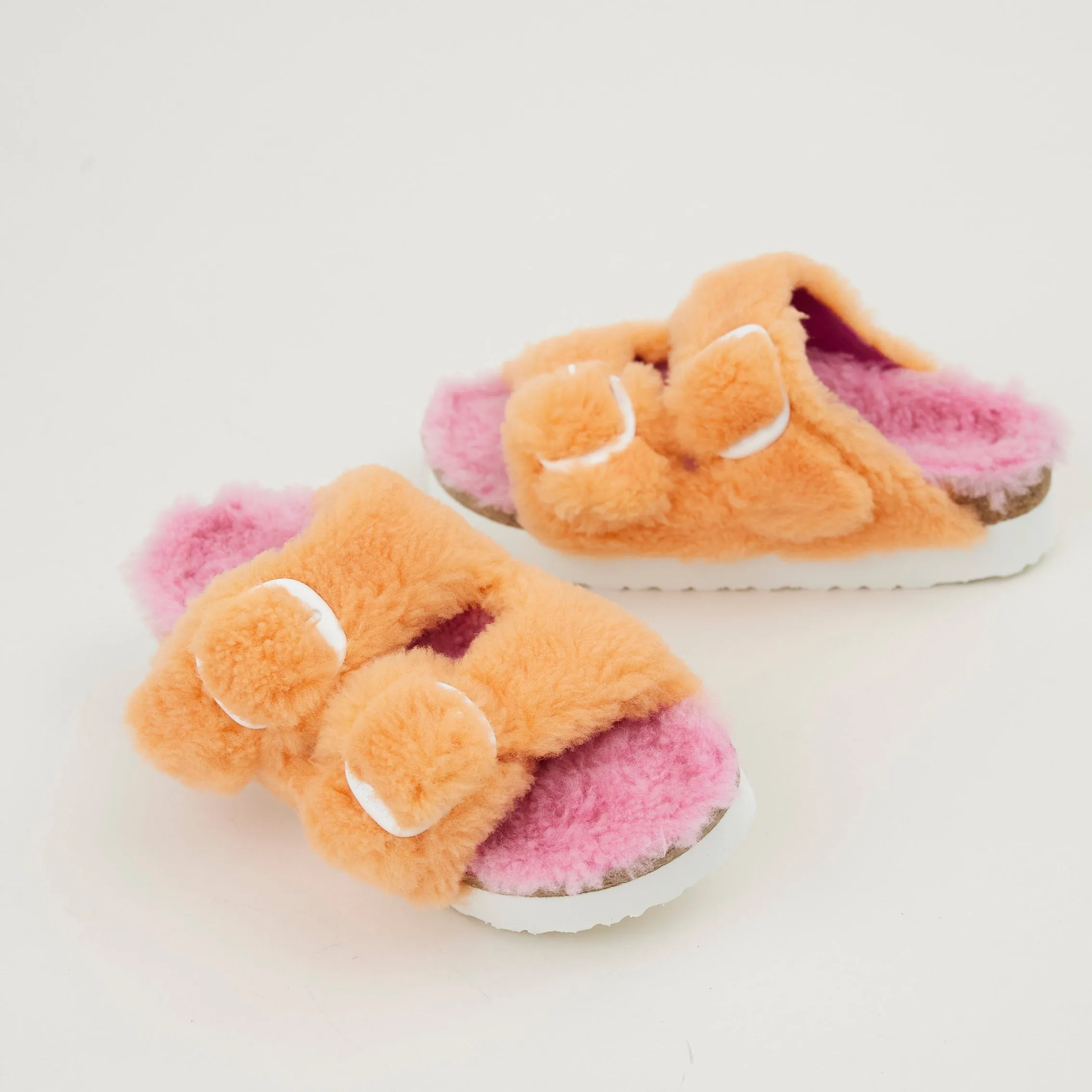 Birkenstock Orange and Pink Shearling Sandals