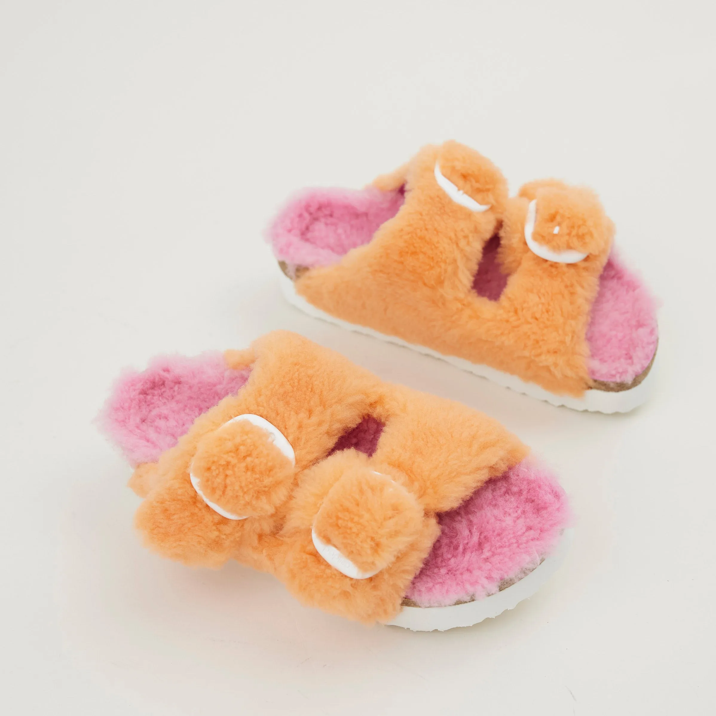 Birkenstock Orange and Pink Shearling Sandals