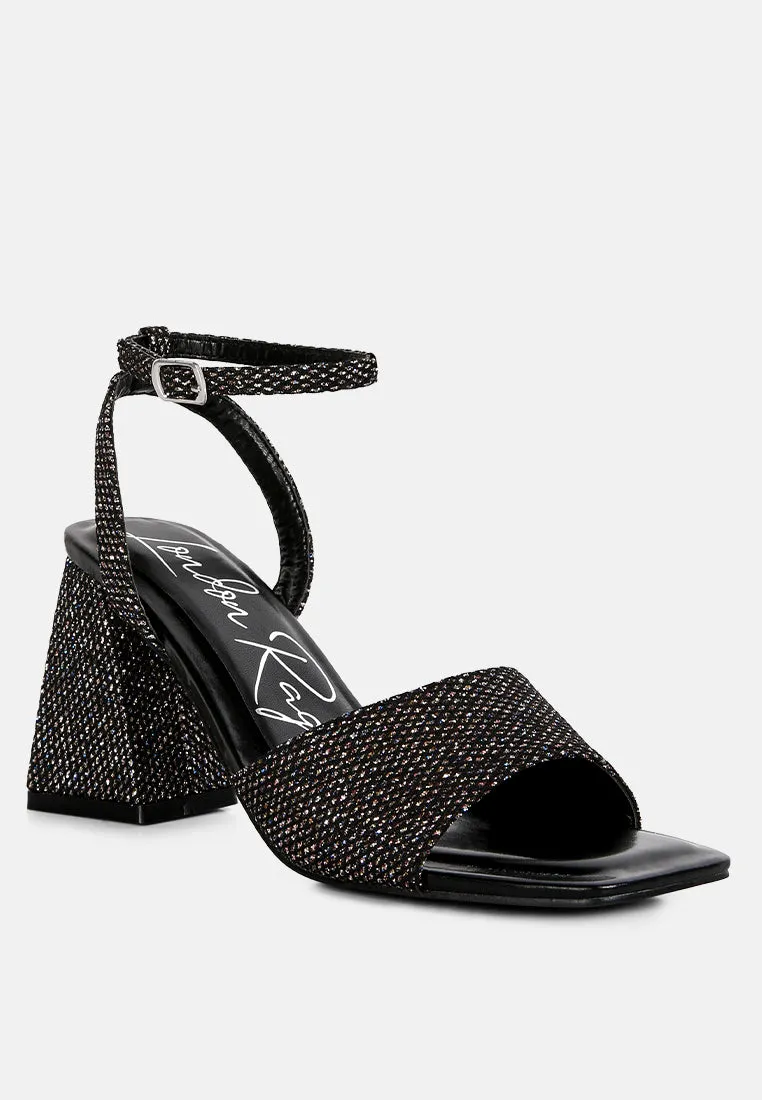 Black Lino Sparkle Block Heeled Sandals