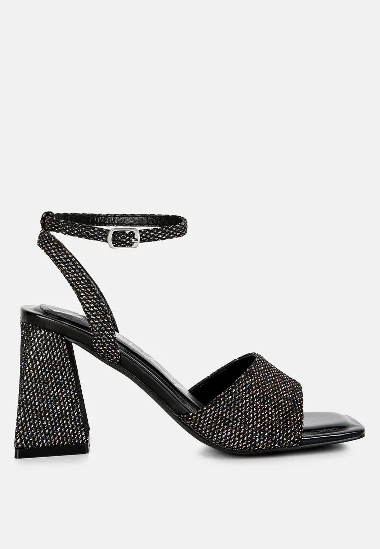 Black Lino Sparkle Block Heeled Sandals
