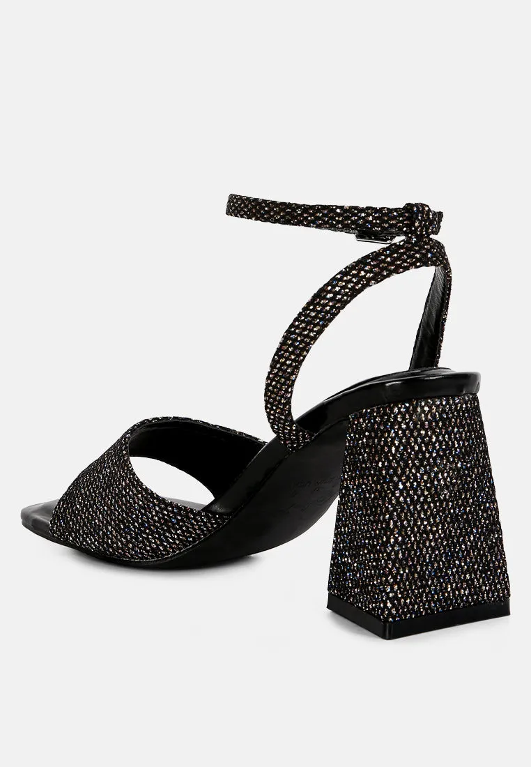 Black Lino Sparkle Block Heeled Sandals