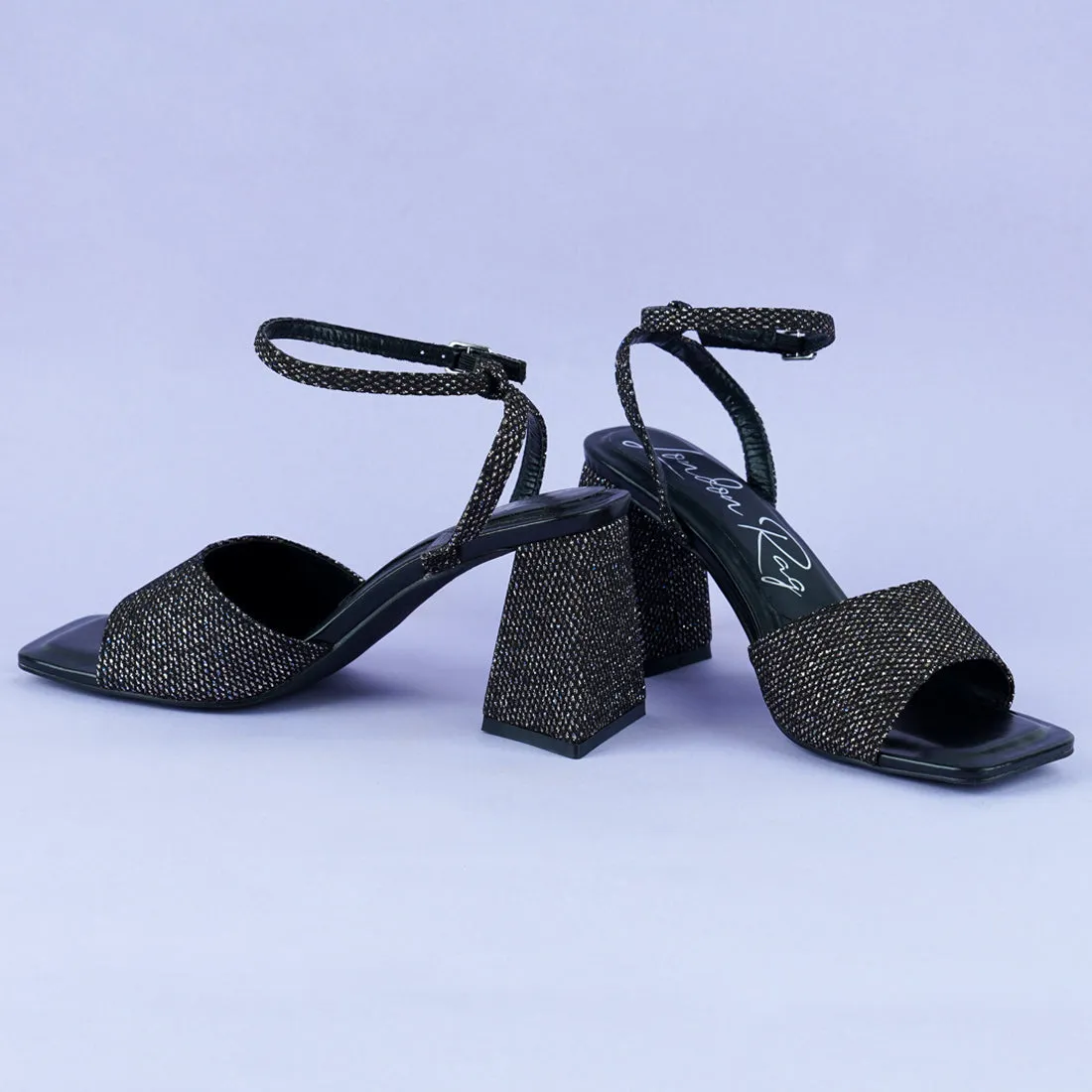 Black Lino Sparkle Block Heeled Sandals