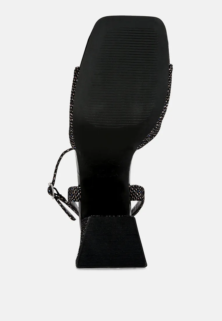 Black Lino Sparkle Block Heeled Sandals