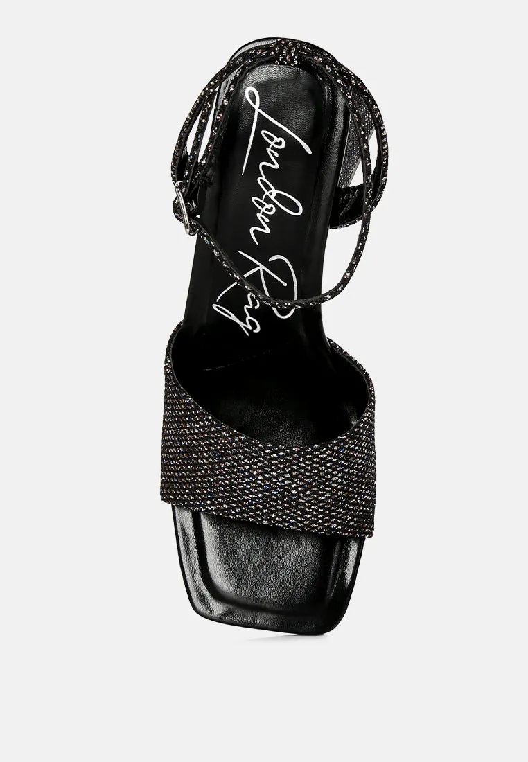 Black Lino Sparkle Block Heeled Sandals
