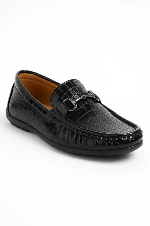 Boys Crocodile Slip on Patent Loafer Mocassin - ROBIN - Black