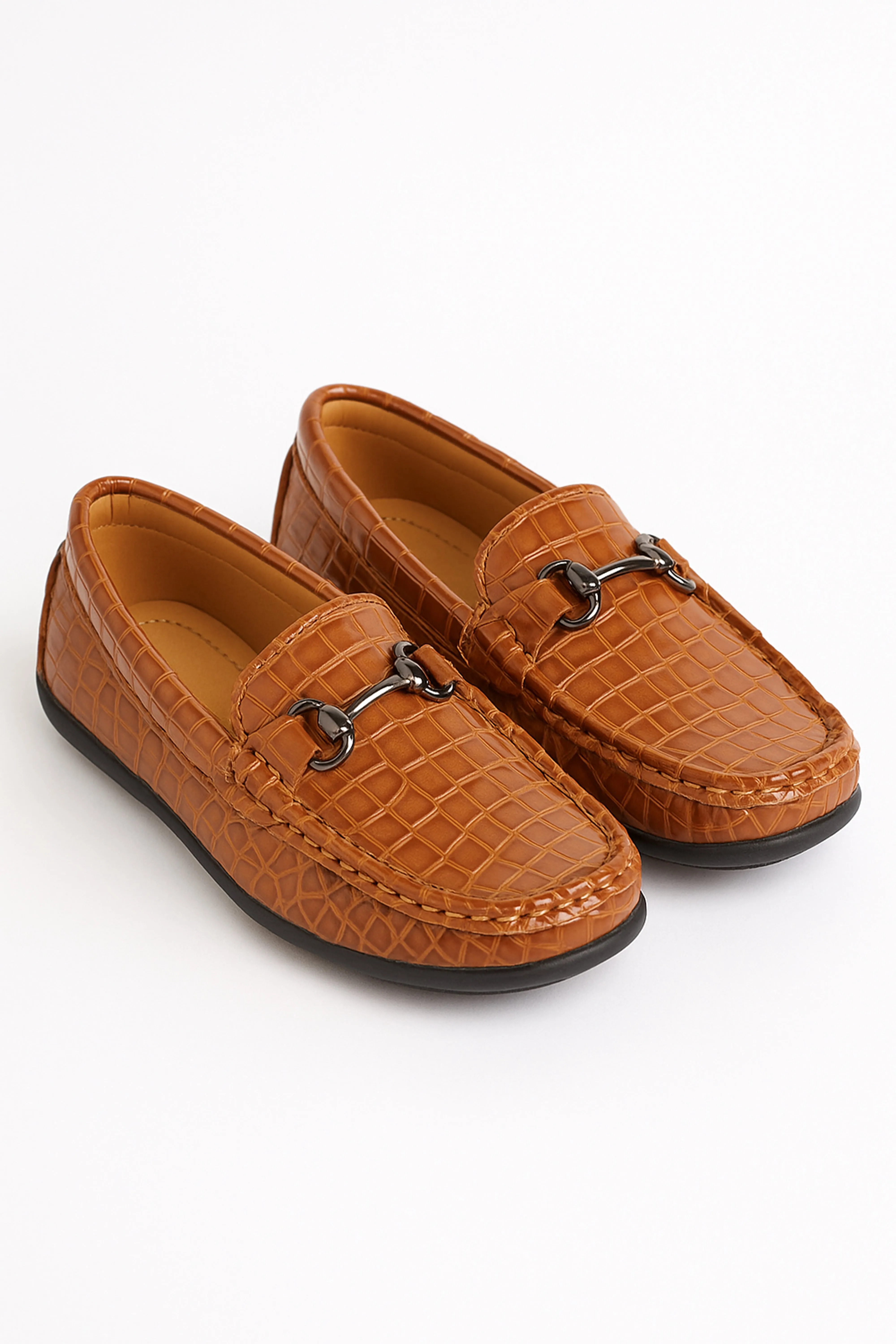 Boys Crocodile Slip on Patent Loafer Mocassin - ROBIN - Tan Brown